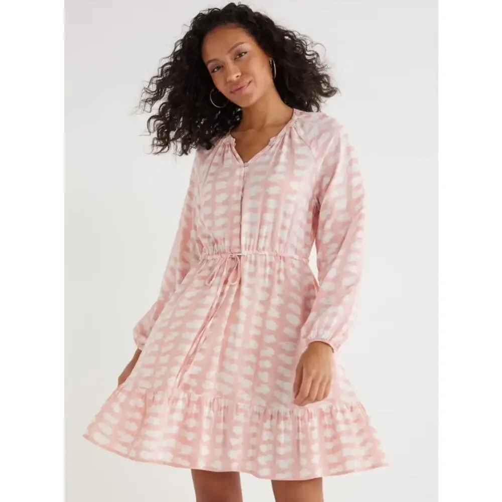Time & Tru Women’s Boho Peasant Brushstroke Print Tie-Waist Dress in Pink Sz XL - Picture 1 of 9